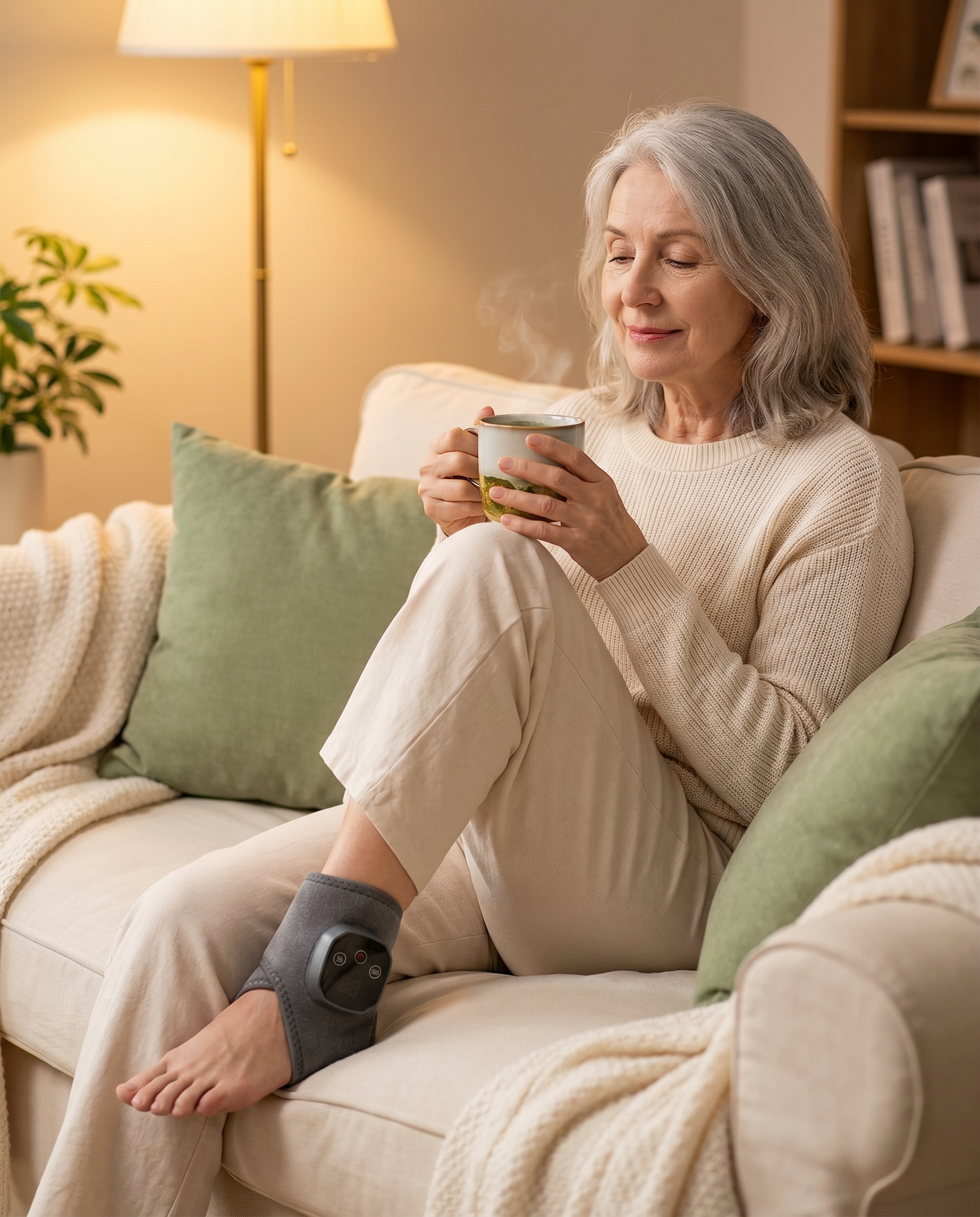 Older woman relaxing on a couch with the Tend heated ankle wrap on her ankle, holding a mug of tea