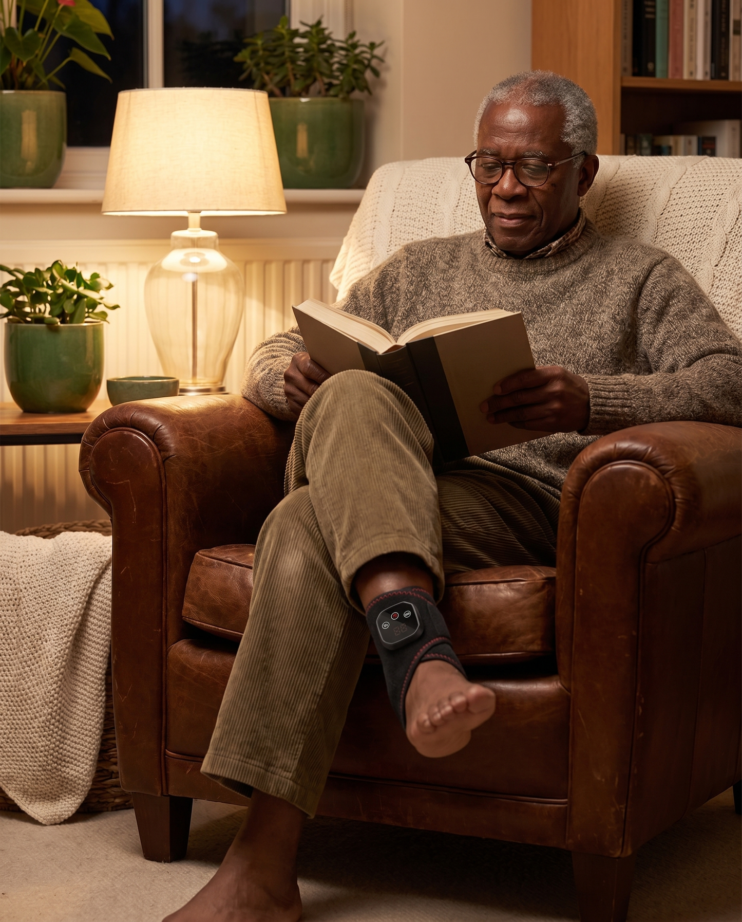 Older man reading in an armchair with the Tend heated ankle wrap on his ankle