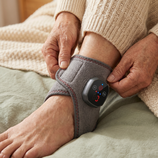 Older hands adjusting the strap of the Tend heated ankle wrap