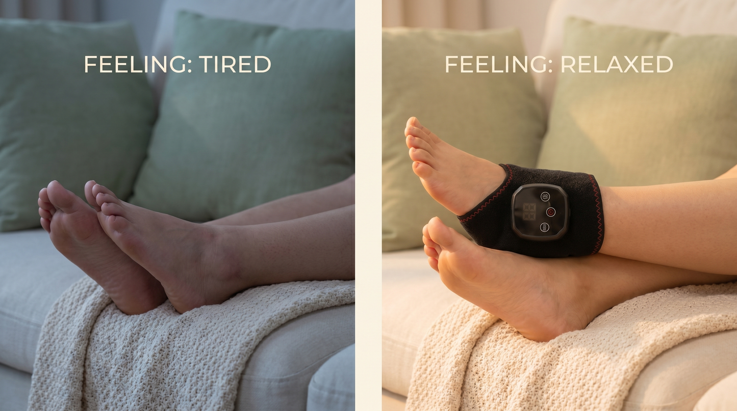 Tired feet before and relaxed feet after using the Tend heated ankle wrap