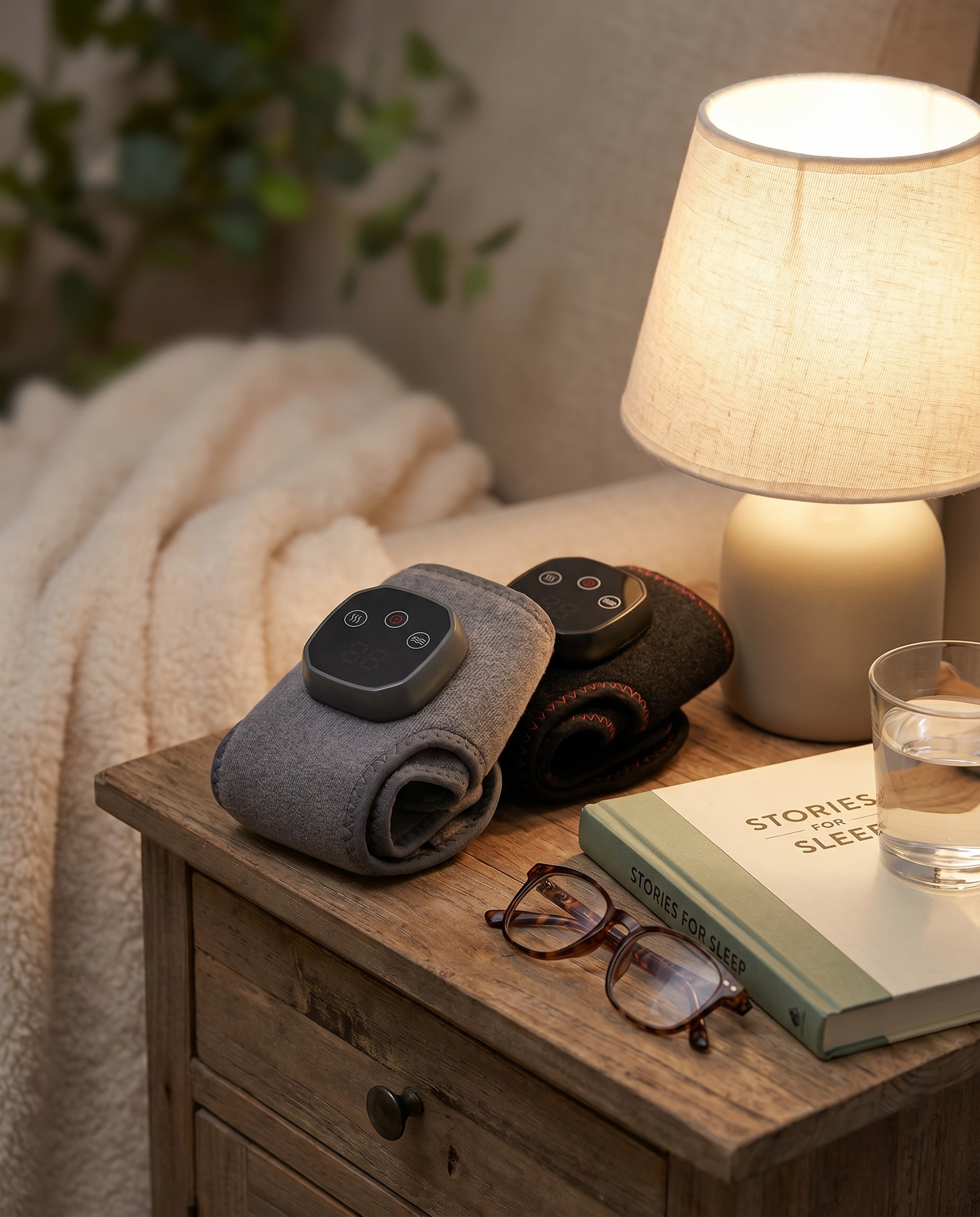 The Tend heated ankle wrap on a nightstand beside reading glasses, a book, and a glass of water
